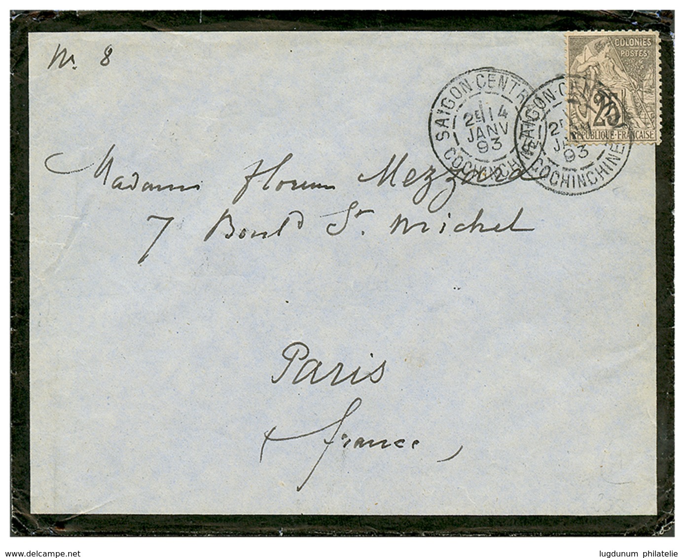 "BANGKOK (SIAM) Via SAIGON ": 1893 FRENCH COLONIES 25c Canc. SAIGON CENTRAL On Envelope With Full Text Datelined "BANGKO - Siam