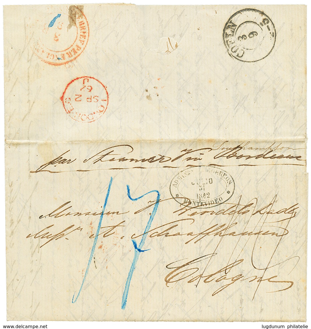 "NUEVA MEHLEM" : 1862 ADMON CORREOS MONTEVIDEO On Entire Letter From NUEVA MEHLEM To GERMANY. Vvf. - Uruguay