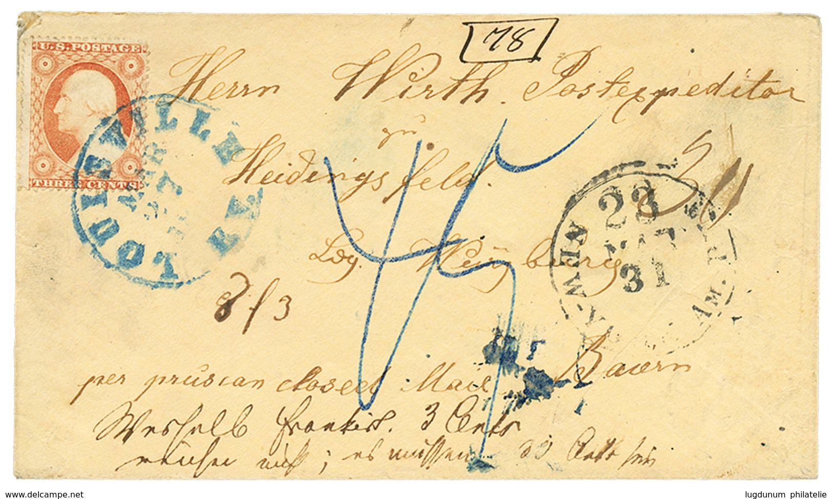 "3c Franking To BAVARIA" : USA 3c Canc. LOUISVILLE + Tax Marking On Envelope To BAVARIA. Verso, HEIDINGSFELD. Scarce. Vf - Andere & Zonder Classificatie