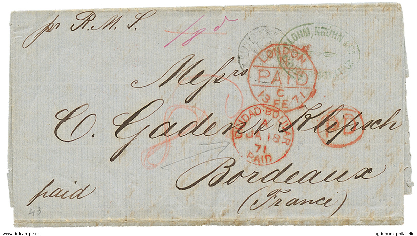 British P.O - VENEZUELA : 1871 CIUDAD BOLIVAR PAID In Red + "8d" Tax Marking On Entire Letter To FRANCE. Vf. - Venezuela