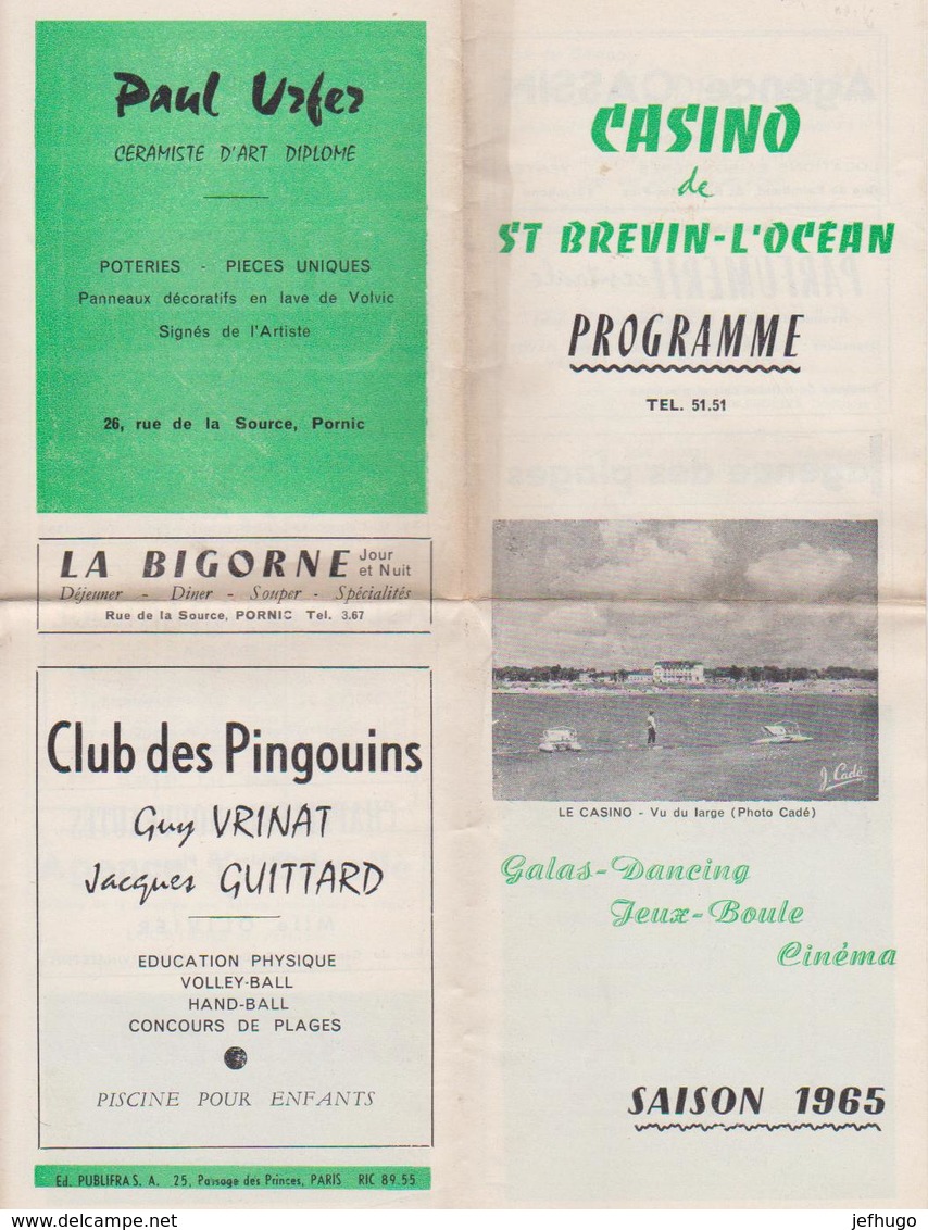 842 _ 44 - ST BREVIN L'OCEAN . PROGRAMME CASINO DE 1965 .GALA LE 22/07/65 SYLVIE VARTAN.NOMBREUSES PUBLICITES - Saint-Brevin-l'Océan