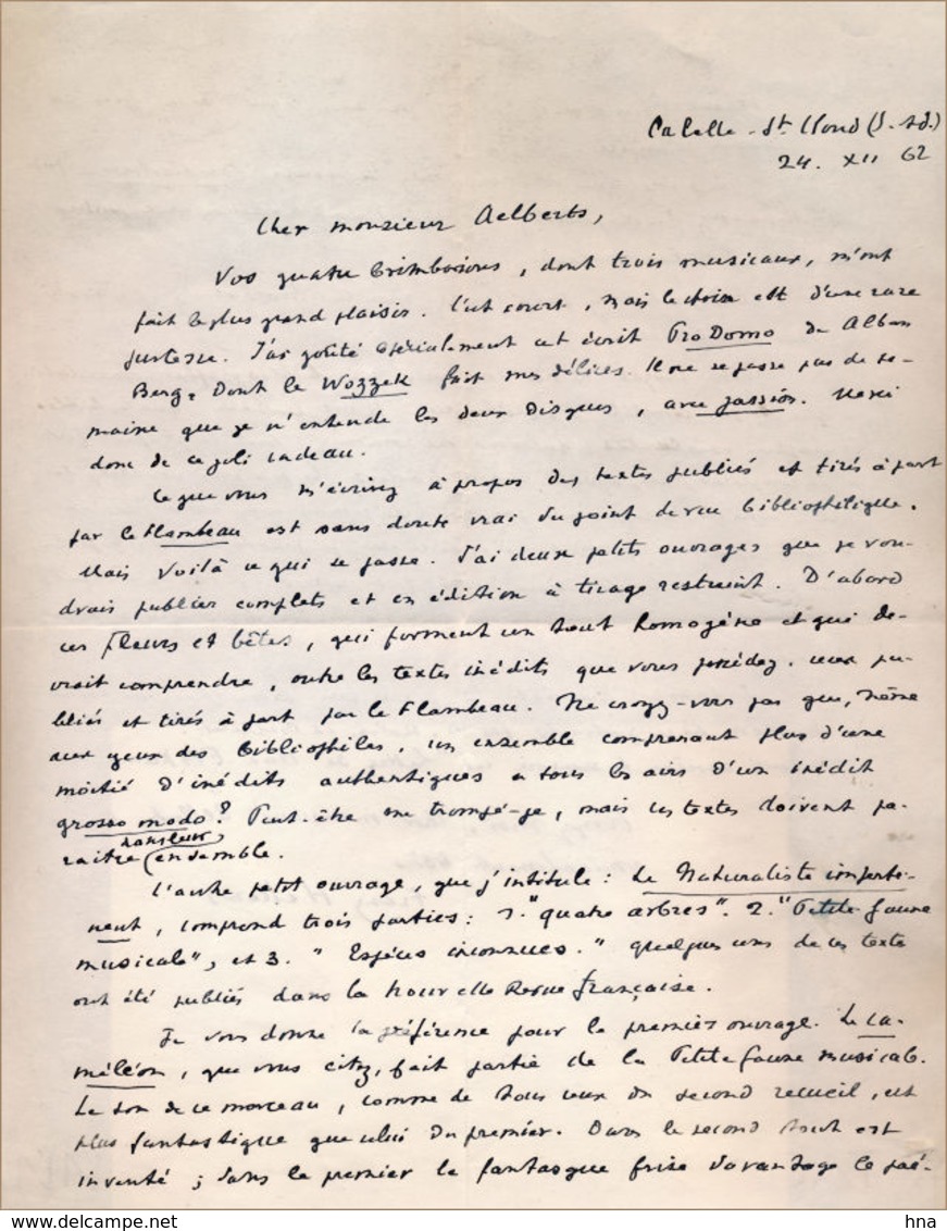 Lettre De Franz Hellens, 1962 - Autres & Non Classés