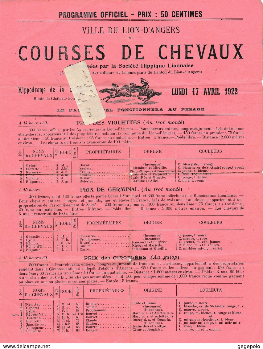49 - LION-D'ANGERS - Programme  Des Courses De Chevaux Du 17/04/1922 ( 1 Page Format 21 Cm X 27,5 Cm )     Rare - Programma's