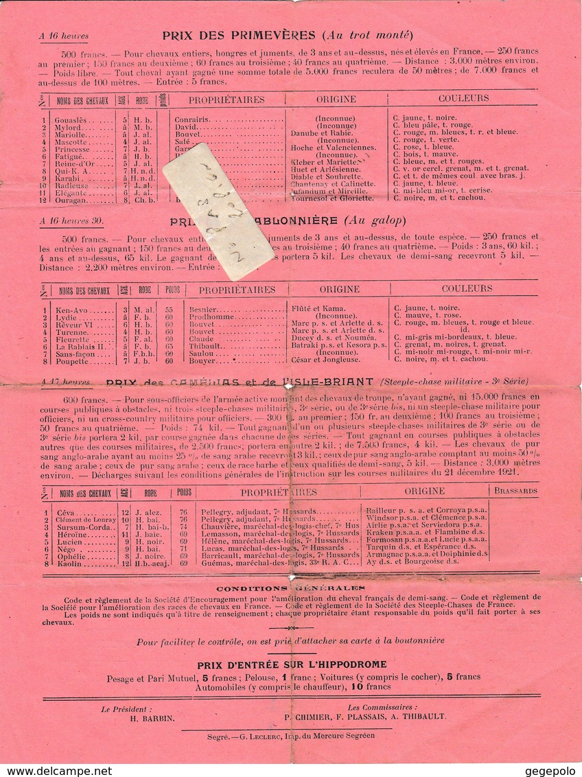 49 - LION-D'ANGERS - Programme  Des Courses De Chevaux Du 17/04/1922 ( 1 Page Format 21 Cm X 27,5 Cm )     Rare - Programmes