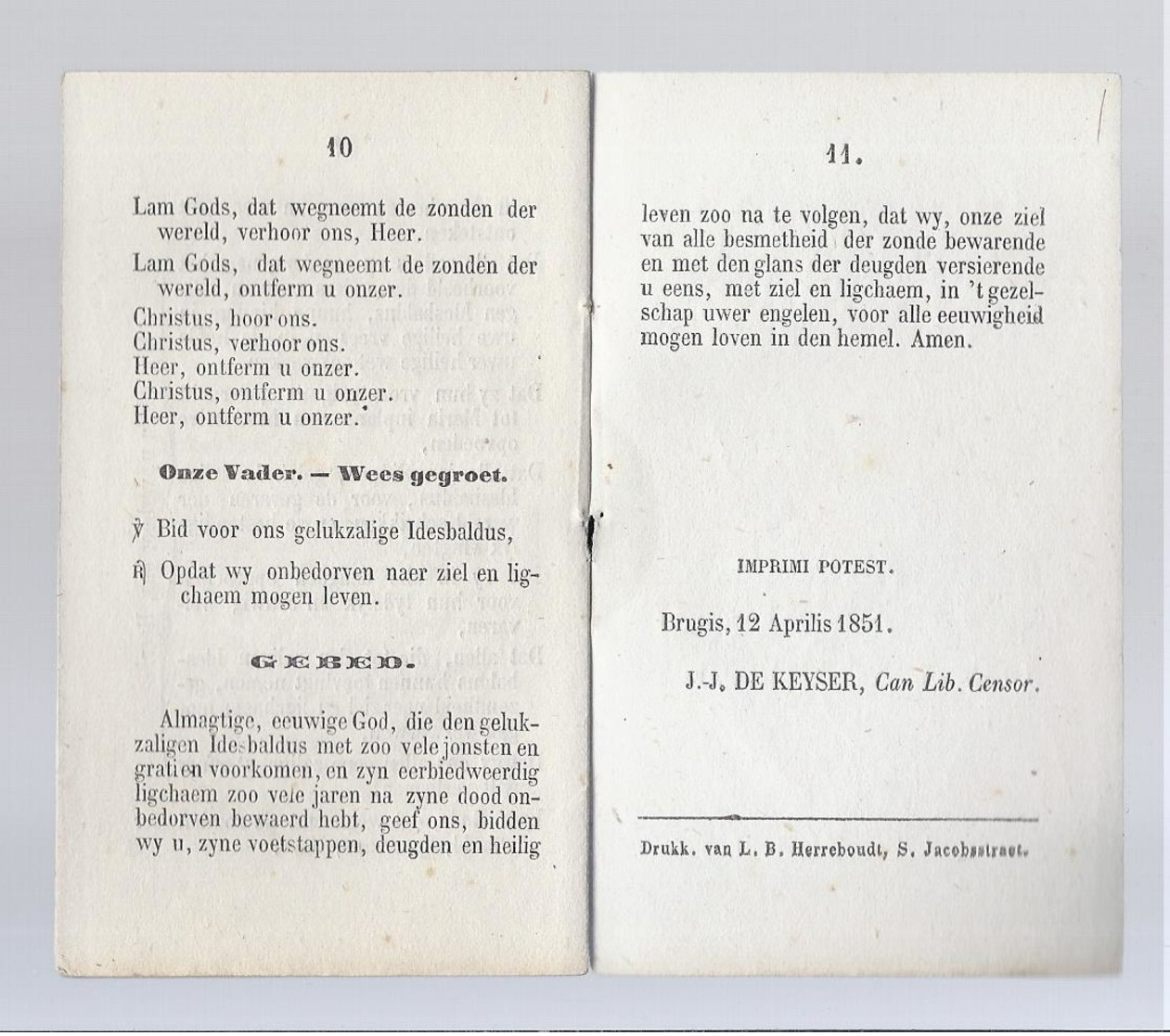 1851 LITANIE VAN DEN GELUKZALIGEN IDESBALDUS 18 APRIL KERK ONZE LIEVE VROUW TER POTTERY BRUGGE - Images Religieuses