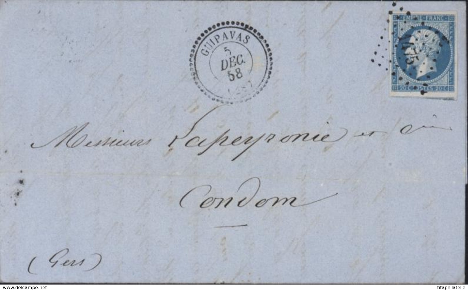 YT 14 A 20 Ct Empire ND T1 Sur Lettre PC 1475 CAD Perlé T22 Guipavas 5 12 58 Ambulant Brest à Paris D 6 Dec 1858 - 1849-1876: Periodo Clásico