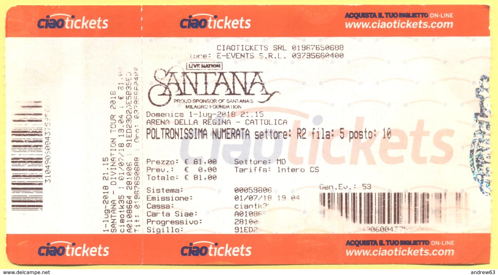 CONCERTO - SANTANA - Divination Tour 2018 - Biglietto D'ingresso - Ticket - Poltronissima Numerata - Biglietti D'ingresso