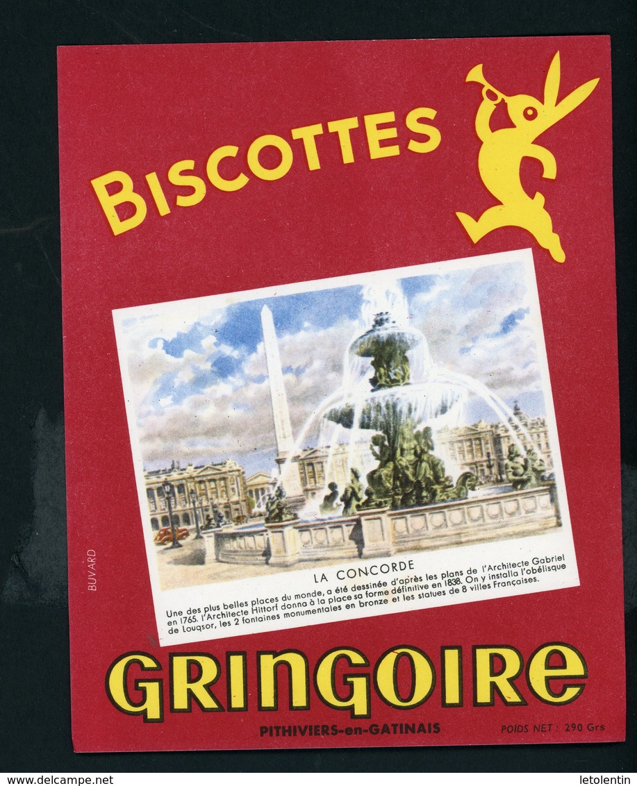 BUVARD:  BISCOTTES GRINGOIRE - PITHIVIERS EN GATINAIS - LA CONCORDE - Biscottes