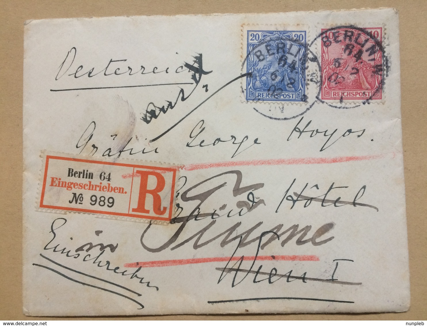 GERMANY 1902 Cover Registered Berlin To Wien Re-directed To Fiume, Grand Hotel Cachet, Fiume And Central Wien In Blue Ma - Covers & Documents