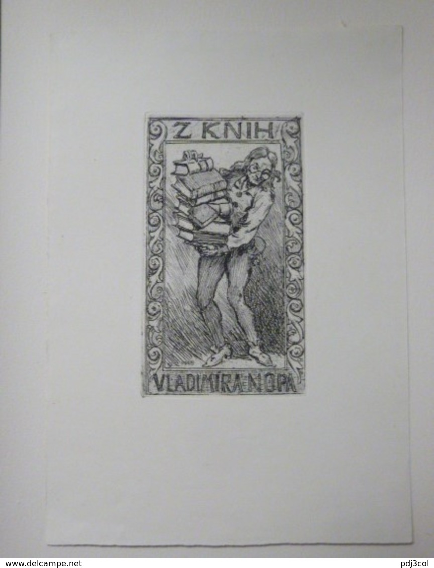 Ex-libris Illustré Tchecoslovaquie XXème -Z KNIH - VLADIMIRA NOPA - Homme Portant Une Pile De Livres - Bookplates