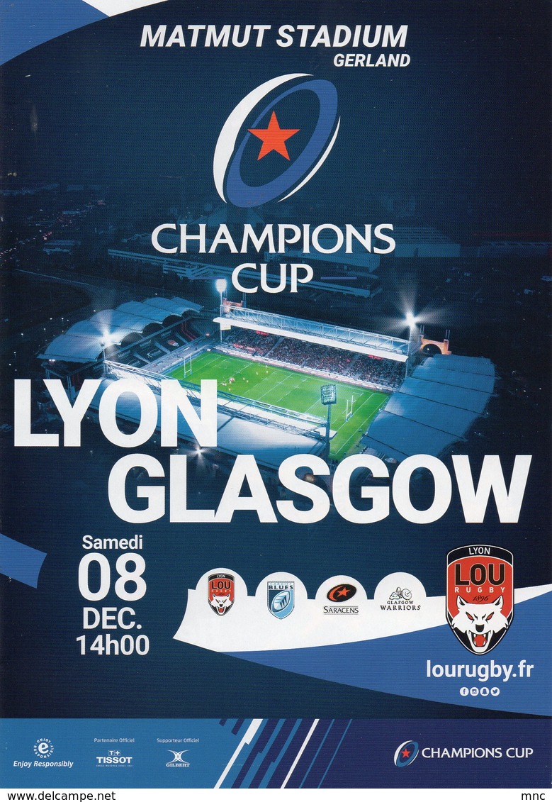Programme Du Match De H Cup LYON / GLASGOW WARRIORS 2018/2018 - Rugby