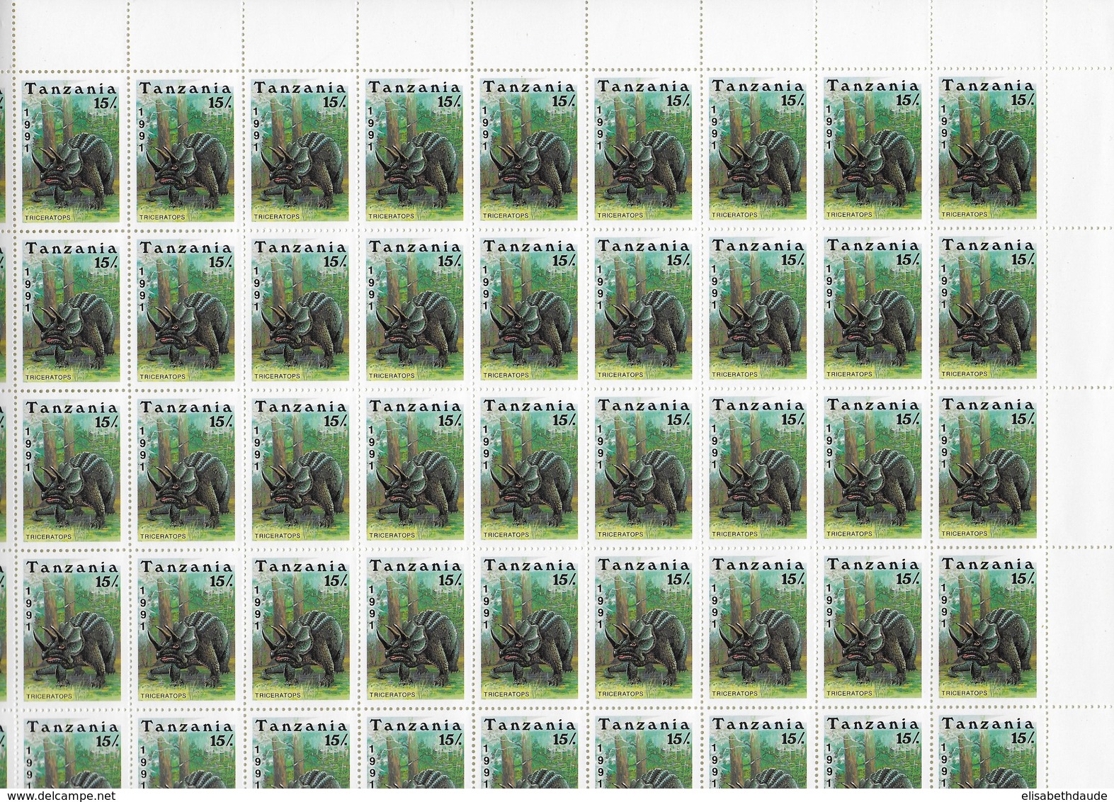 TANZANIA - 1991 - FAUNE PREHISTORIQUE - YVERT N° 714/720 ** MNH en FEUILLE COMPLETE de 50 TIMBRES - COTE = 400 EUR.