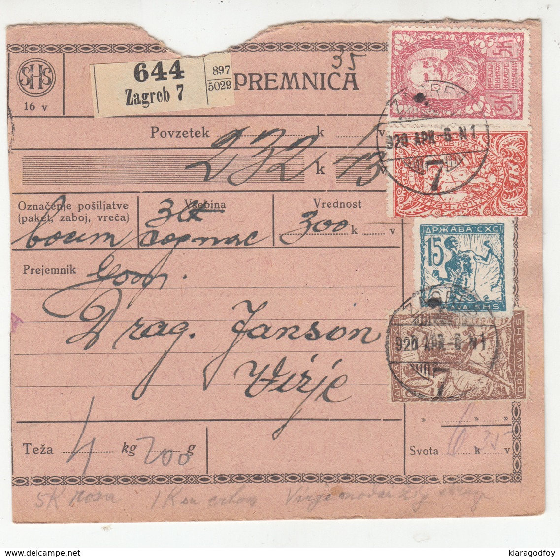 Slovenia SHS Verigari Chainbreakers Parcel Card Poštna Spremnica 1920 Zagreb To Virje B190210 - Slovénie