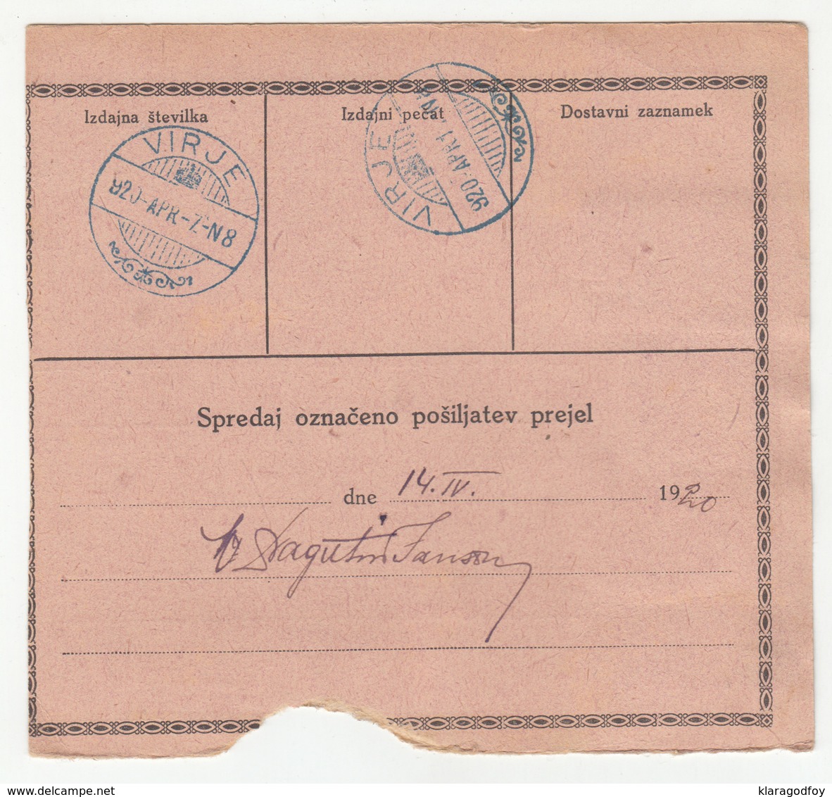 Slovenia SHS Verigari Chainbreakers Parcel Card Poštna Spremnica 1920 Zagreb To Virje B190210 - Slovénie