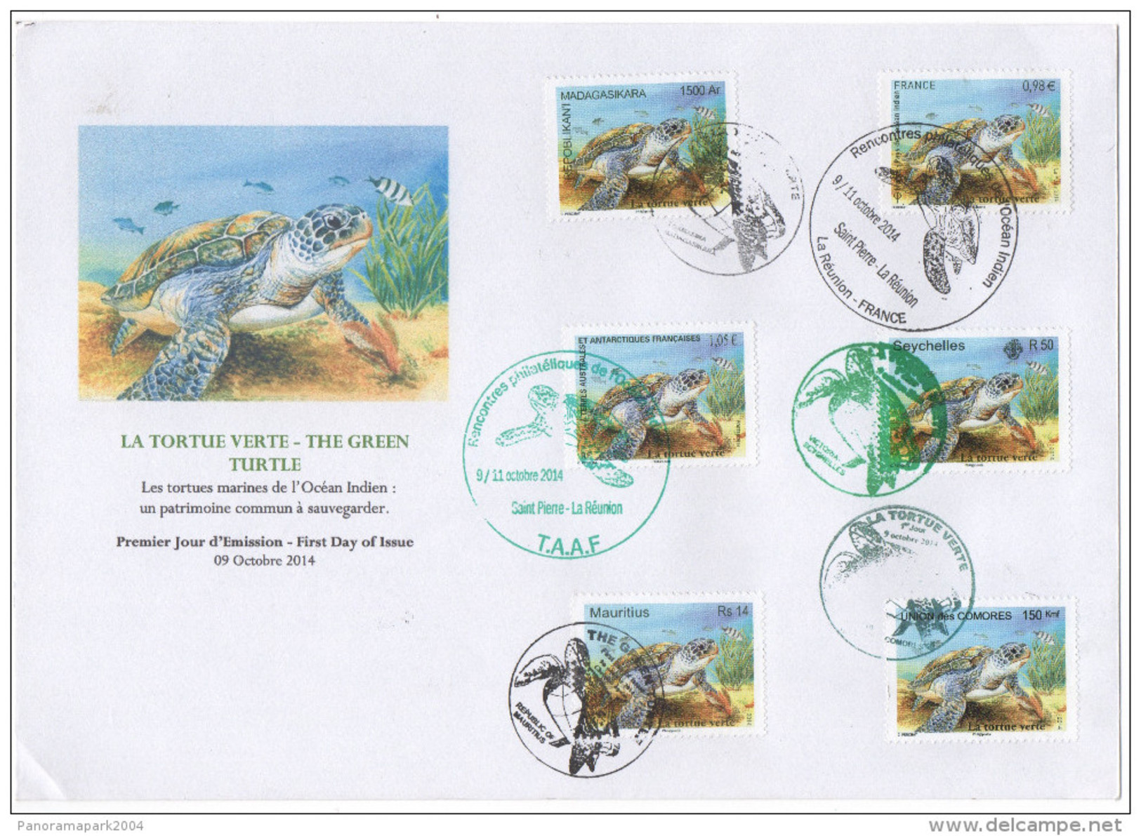 FDC La Tortue Verte Green Turtle Schildkröte 2014 Joint Issue Faune Fauna Madagascar Seychelles France Comores - Other & Unclassified