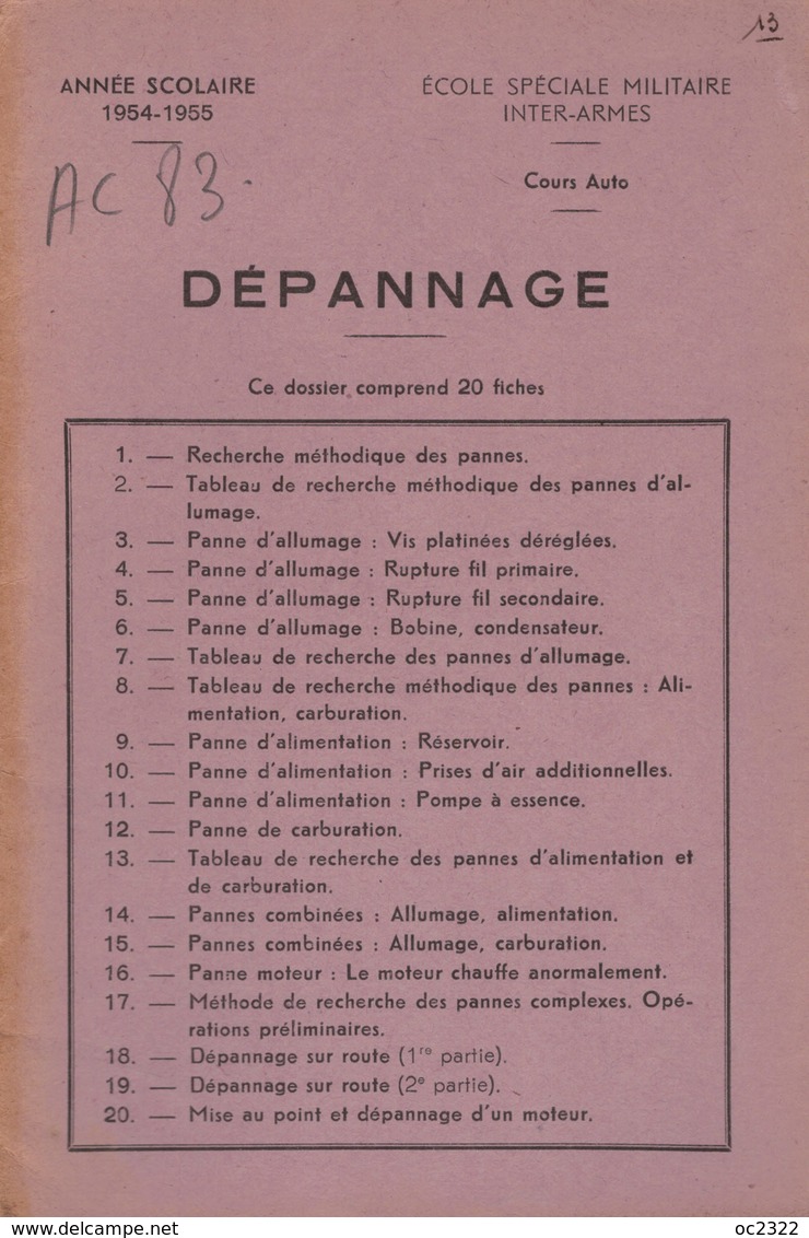 MANUELS MILITAIRES Années 50 COURS AUTO Fiches DÉPANNAGE Et ENTRETIEN JEEP, GMC, MOTOS - Equipement