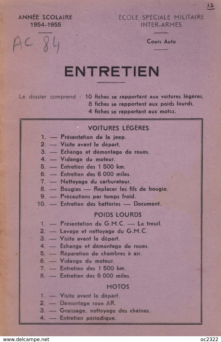 MANUELS MILITAIRES Années 50 COURS AUTO Fiches DÉPANNAGE Et ENTRETIEN JEEP, GMC, MOTOS - Ausrüstung