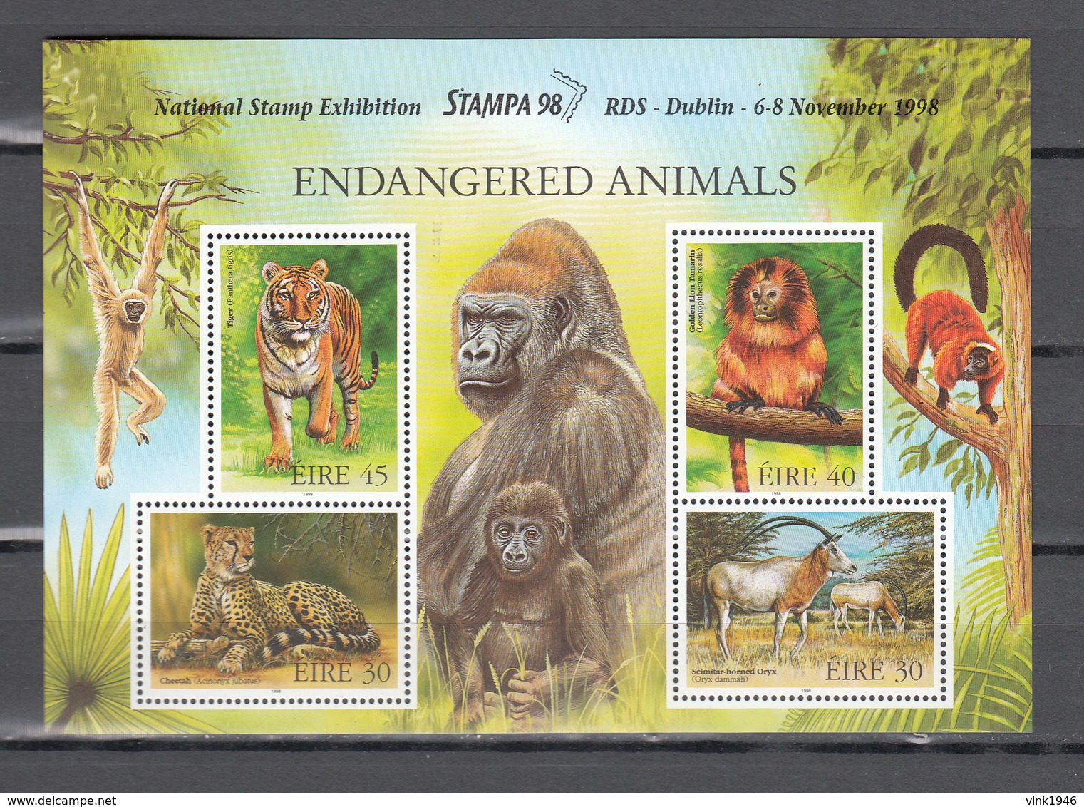 Ireland 1998,4V In Block,tiger,tijger,cheetah,monkey,appen,affen,oryx,gorilla,MNH/Postfris,(L3447) - Apen