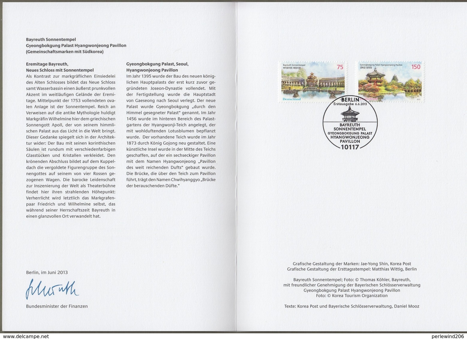Bund + Korea: Ministerkarte Typ VII , Mi-Nr. 3013-14: " Bayreuth Sonnentempel - Hyangwonjeong Pavillon " Joint Issue X - Storia Postale