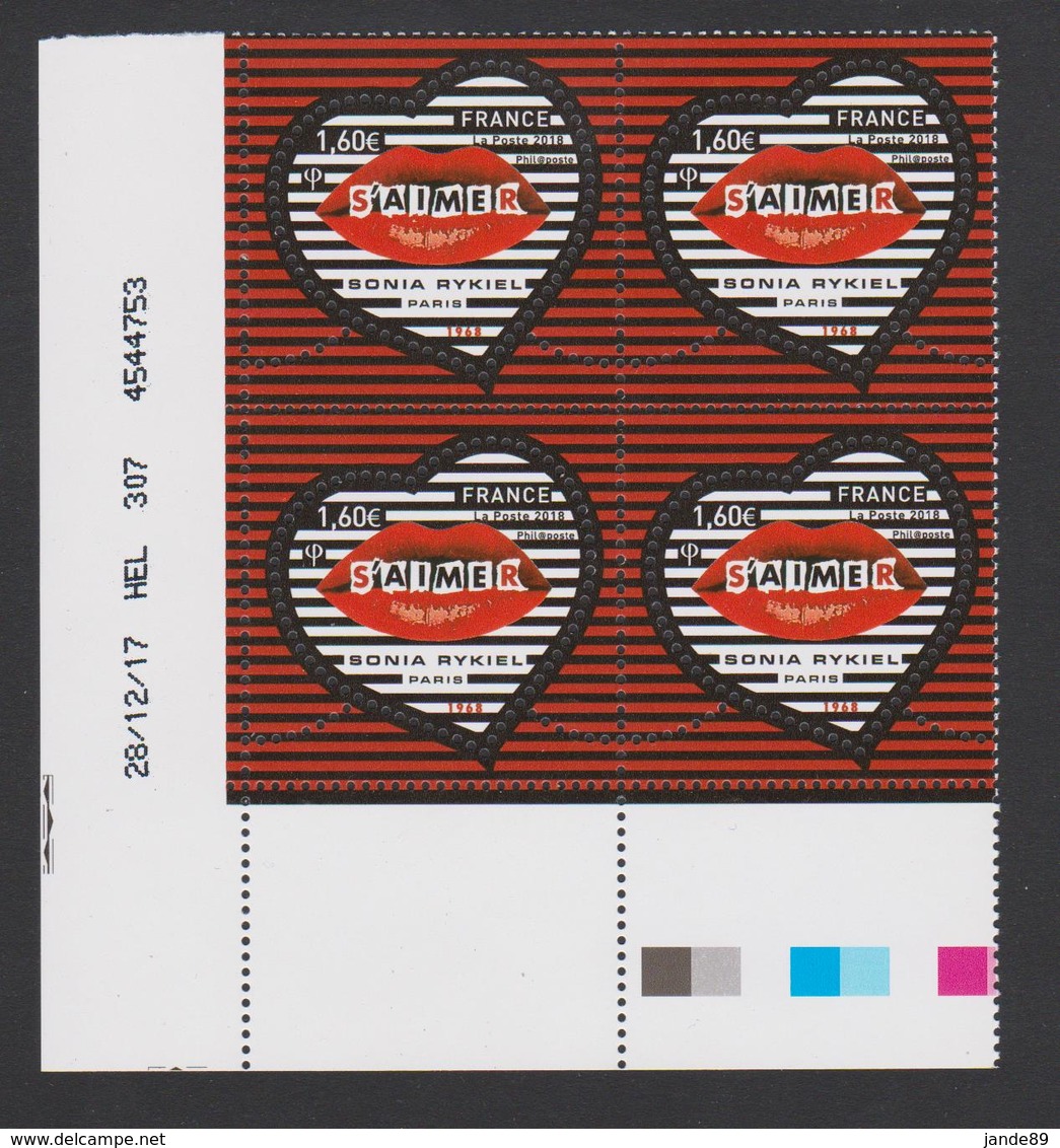 FRANCE - 2018 - Saint- Valentin - Coeur Sonia Ryckiel à 1,60€ N° 5199 - Bloc De 4 Daté,numéroté - Gommés - Neuf ** - Neufs