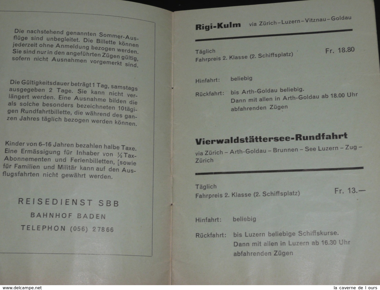 Rare Ancien Document SBB Bahnhof Baden, Sommer-Ausflugsfahrten 1958, Horaires Tarifs Train, Allemagne - Europe