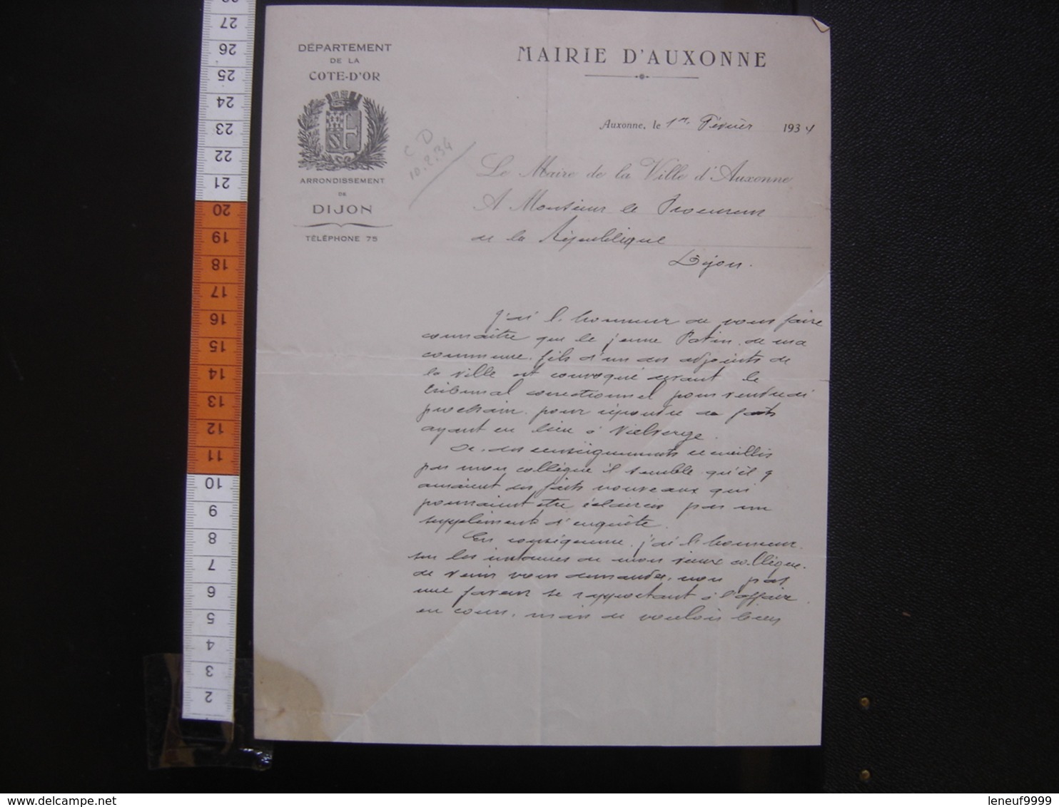 1934 Lettre Maire Auxonne 21 Au Procureur De La Republique Dijon CORRECTIONNELLE - Manuscrits