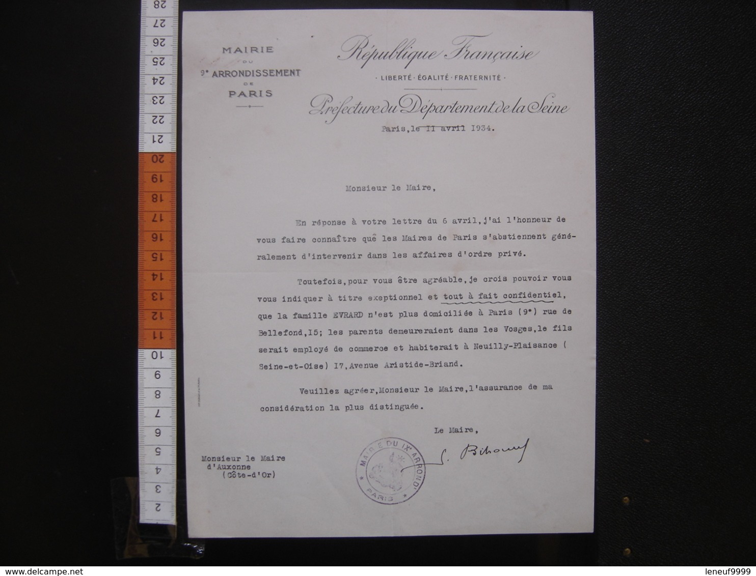 1934 Lettre Maire De IXe Paris Au Maire Auxonne 21 - Manuscrits