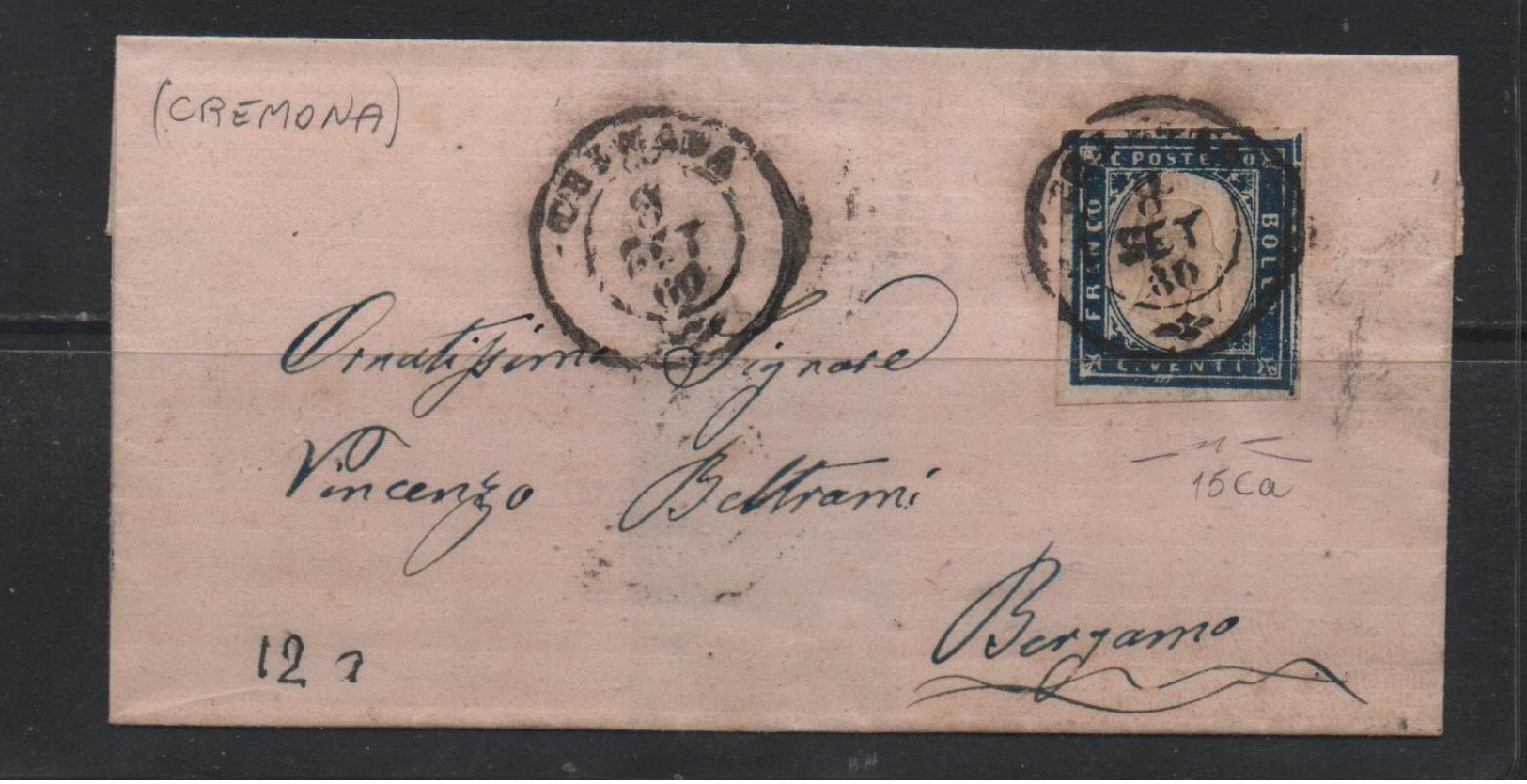 IV: 20 Cent. Azzurro Su Lettera Cremona D.c. Losanga (p.3) Firmata Manzoni (€ 235) - Sardegna