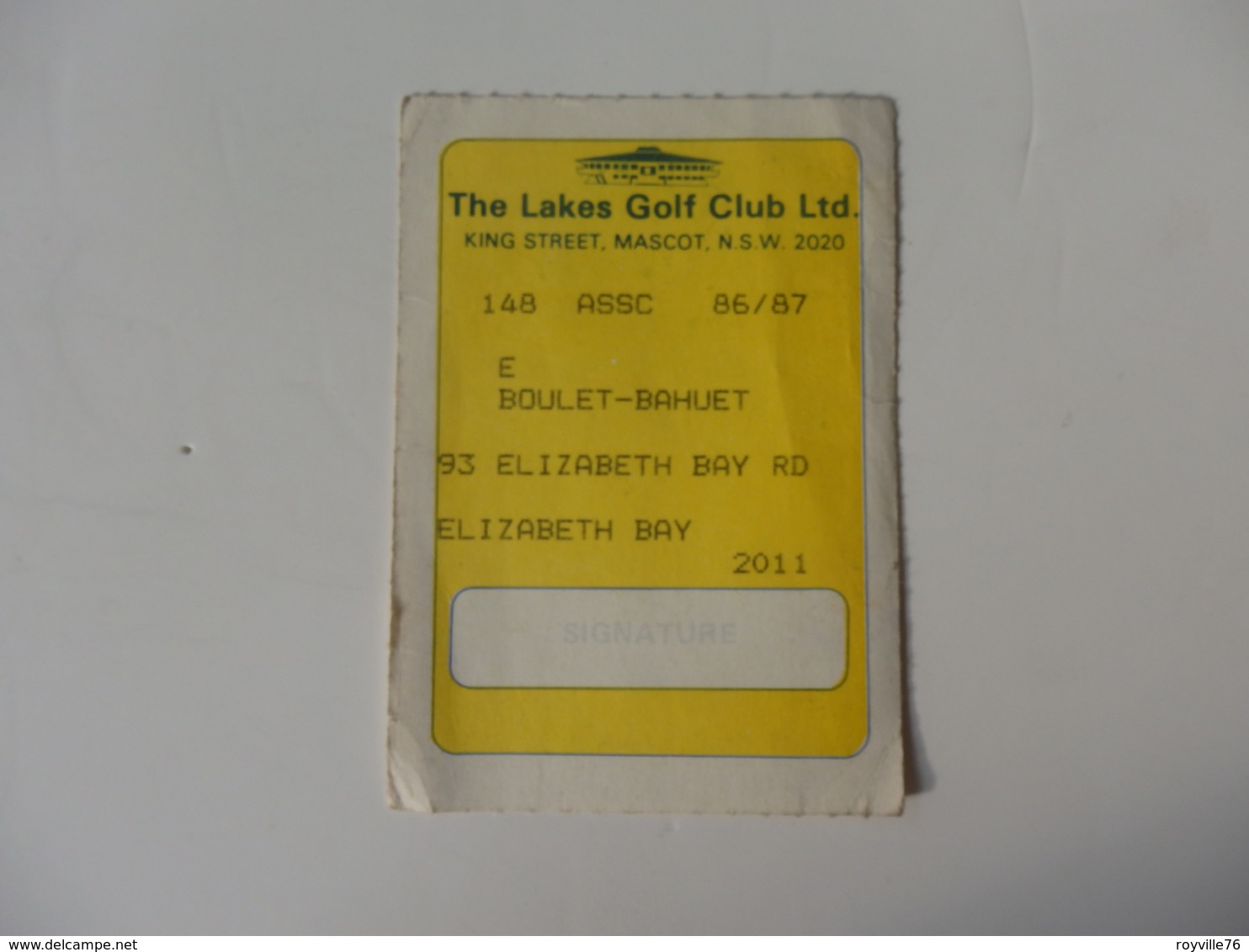 Ticket The Lake Golf Club Ltd. King Street, Mascot, N.S.W. 2020 Elizabeth Bay Banlieue De Sydney Australia. - Autres & Non Classés