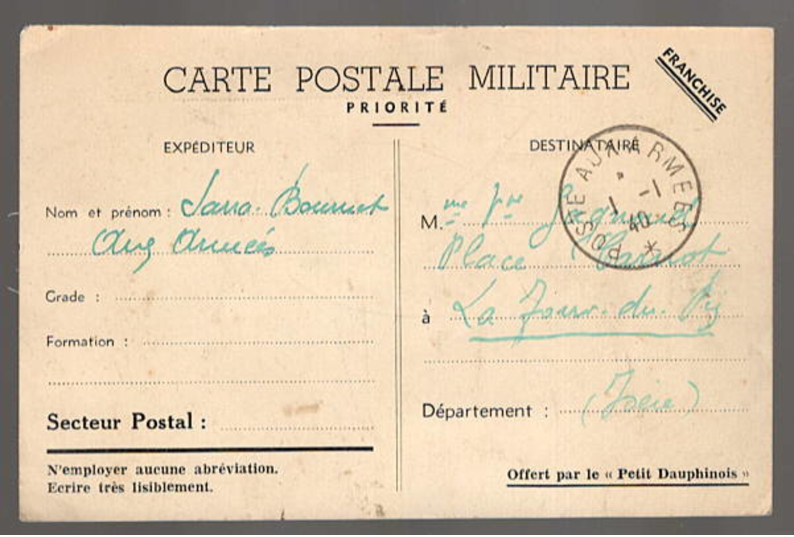 Poste Aux Armées 1940 Sur Carte Illustrée, Adressé à La Jour Du Py - Guerre De 1939-45