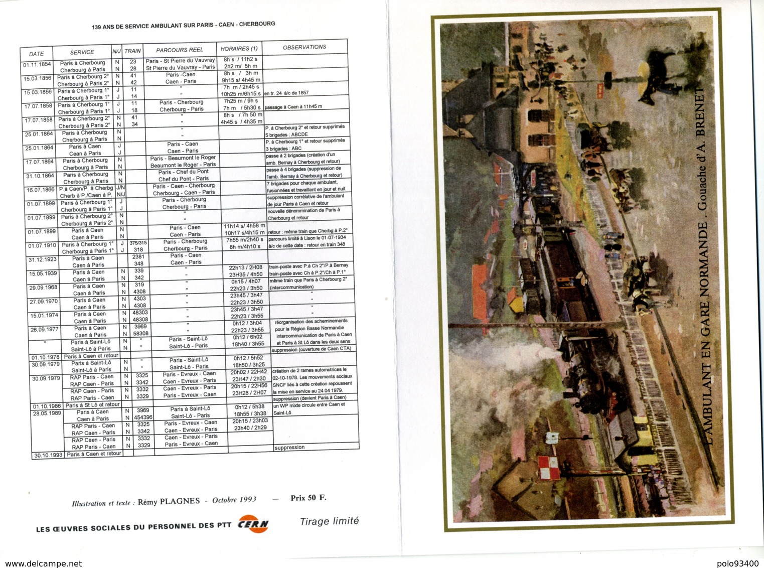 1993 CERN Encart De 4 Pages Des Oeuvres Social Du Personnel Des PTT Ambulant Paris à Caen - Posta Ferroviaria