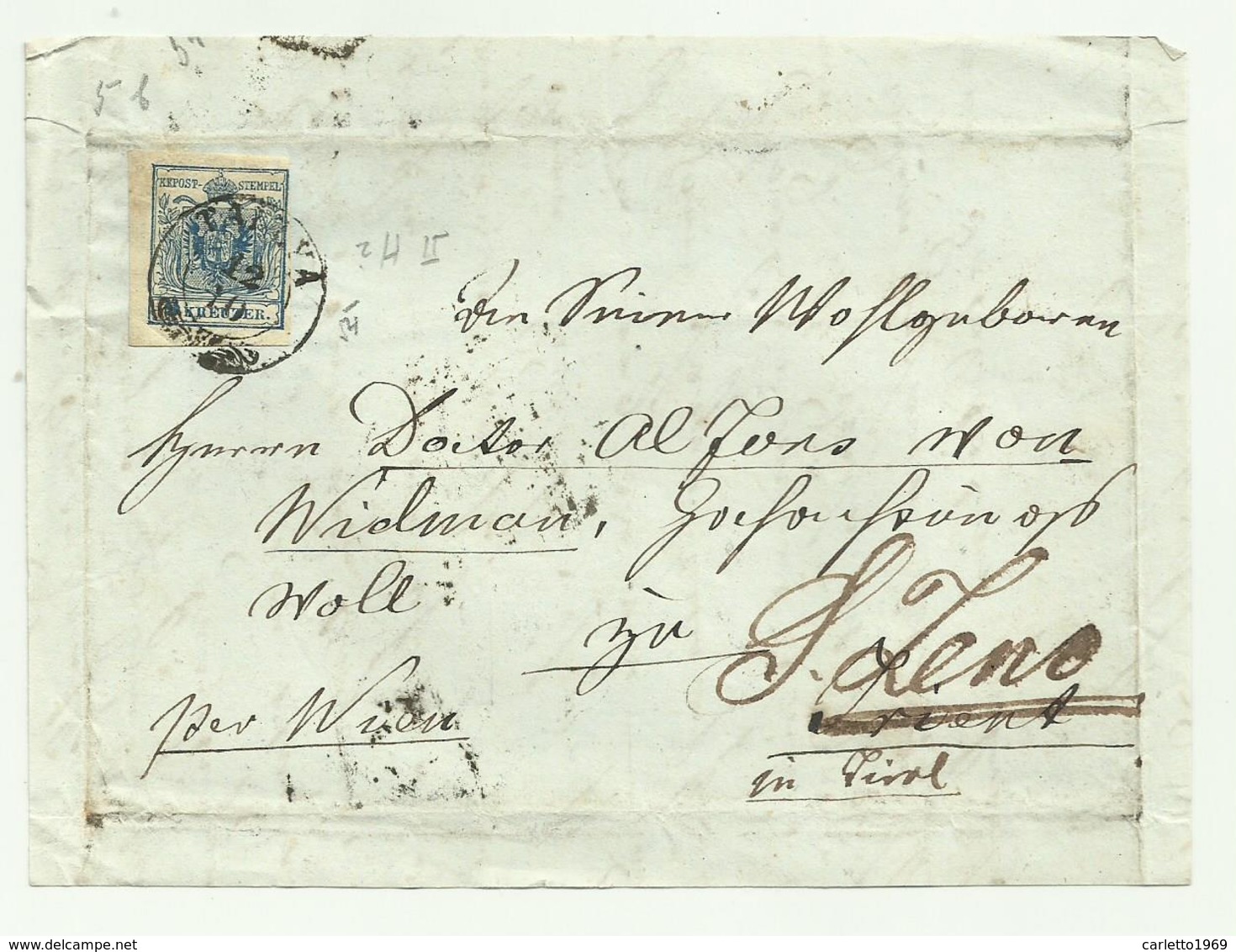 FRANCOBOLLO DA 9 KREUZER  1854    BUONI MARGINI CON SIGILLO CERALACCA  SU FRONTESPIZIO - Used Stamps