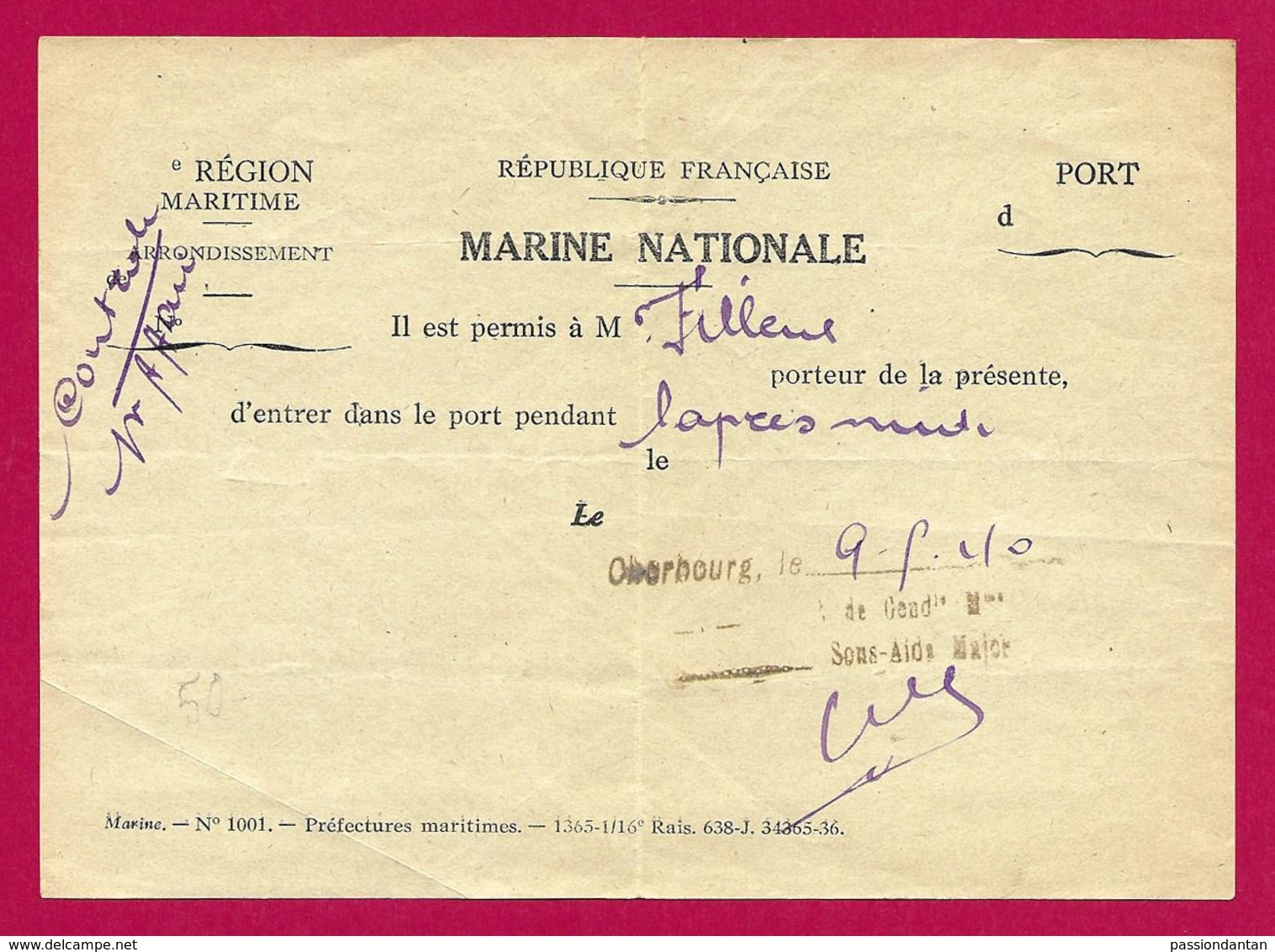 Laissez Passer établi Par La Marine Nationale - Place De Cherbourg - Année 1940 - Documents