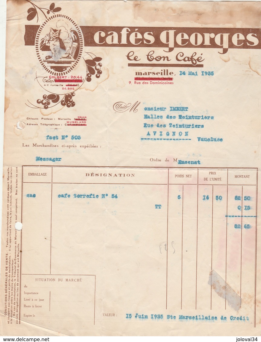 Facture Illustrée Chat 14/5/1935 Cafés GEORGES   MARSEILLE  - Imbert Avignon - 1900 – 1949