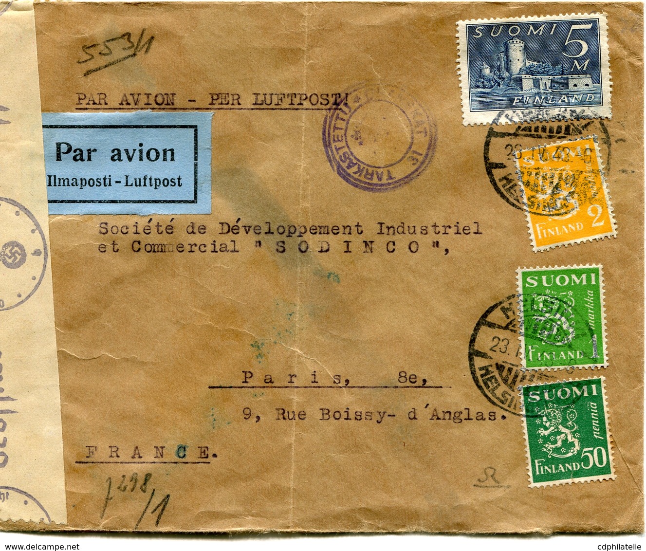 FINLANDE LETTRE PAR AVION CENSUREE DEPART HELSINKI 23 IV 43 POUR LA FRANCE - Lettres & Documents