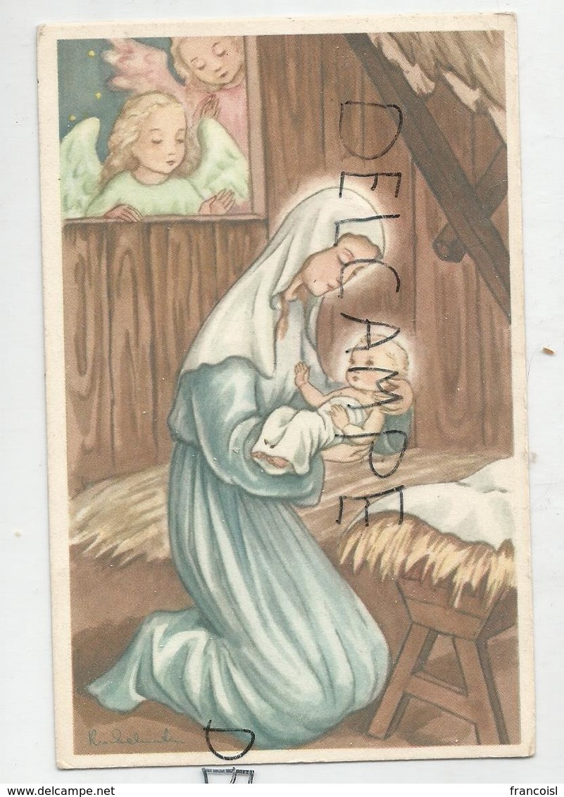 Vierge Mettant L'Enfant-Jésus Au Lit. Anges à La Fenêtre. Signé RieSelunten(?) - Vierge Marie & Madones
