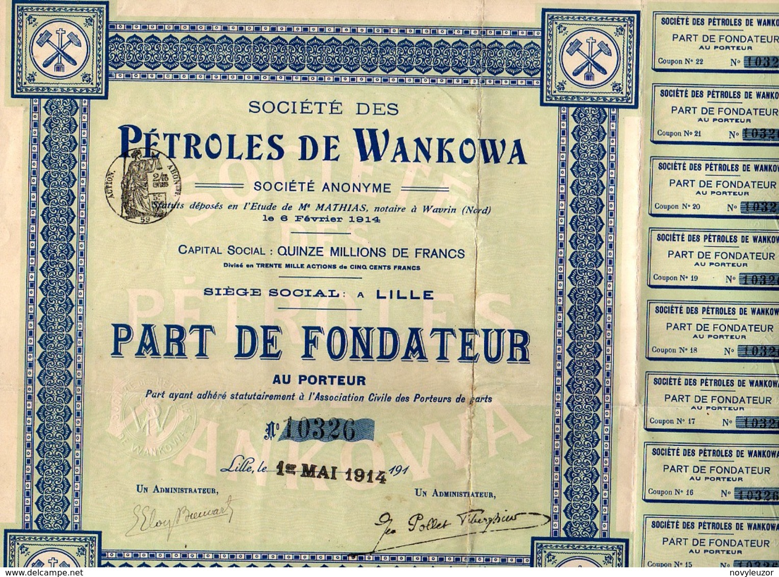 59 LILLE  Sté Des PETROLES De WANKOWA  1914  Part De Fondateur. - Pétrole