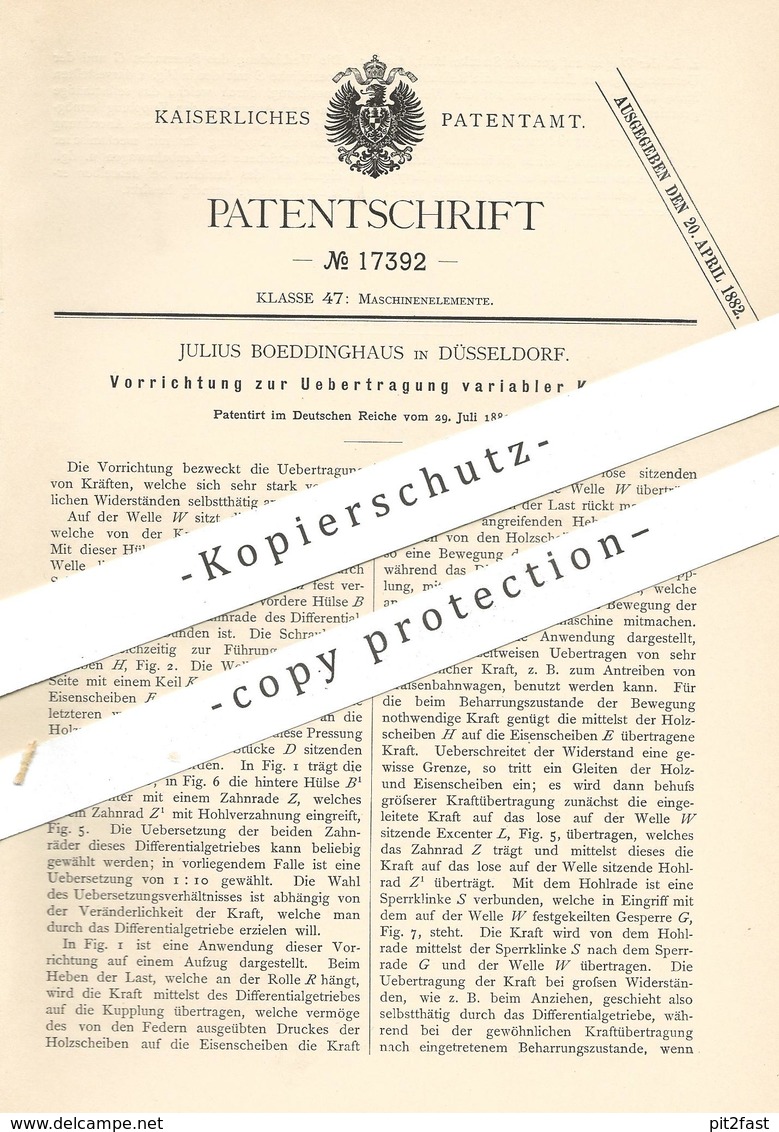 Original Patent - Julius Boeddinghaus , Düsseldorf  1881 , Übertragung Variabler Kraft | Kraftmaschine , Motor , Motoren - Historische Dokumente