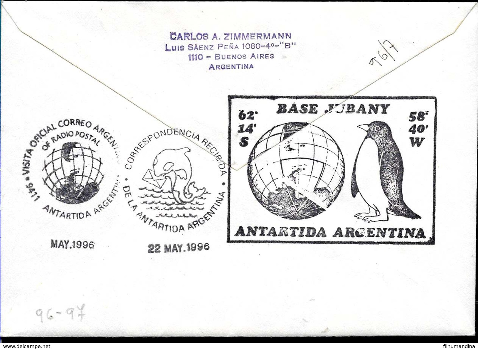 AANT-180 ARGENTINA 1996 ANTARCTICA ANTARCTIQUE JUBANY STATION COVER - Research Stations