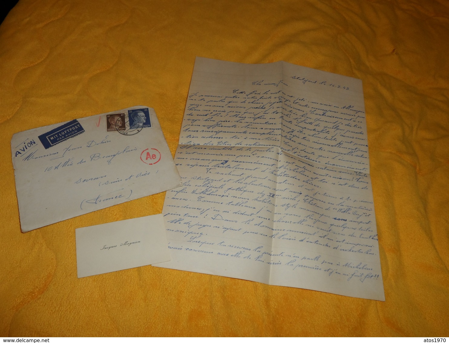 ENVELOPPE + LETTRE + CARTE DE VISITE DE 1943...LETTRE EN FRANCAIS D'UN MILITAIRE A STUTTGART ?...CACHETS + TIMBRES - Lettres & Documents