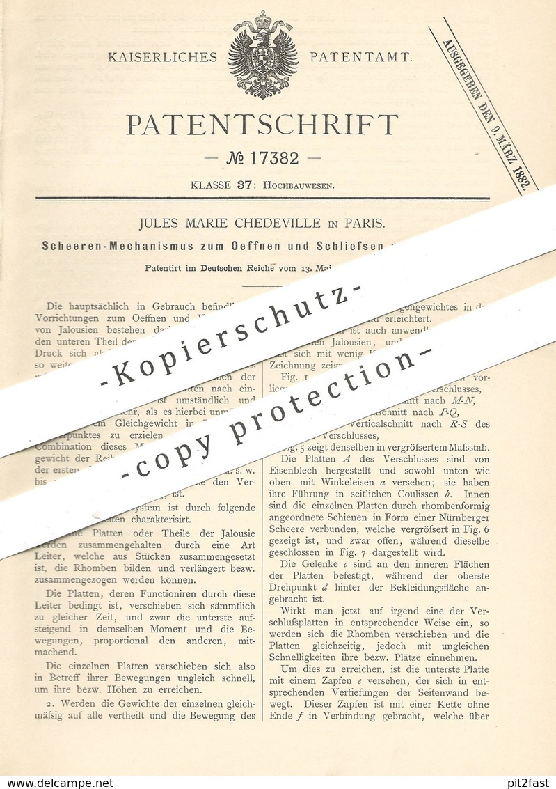 Original Patent - Jules Marie Chedeville , Paris , Frankreich , 1881 , Scheren - Mechanik Für Jalousien | Schere !! - Historische Dokumente