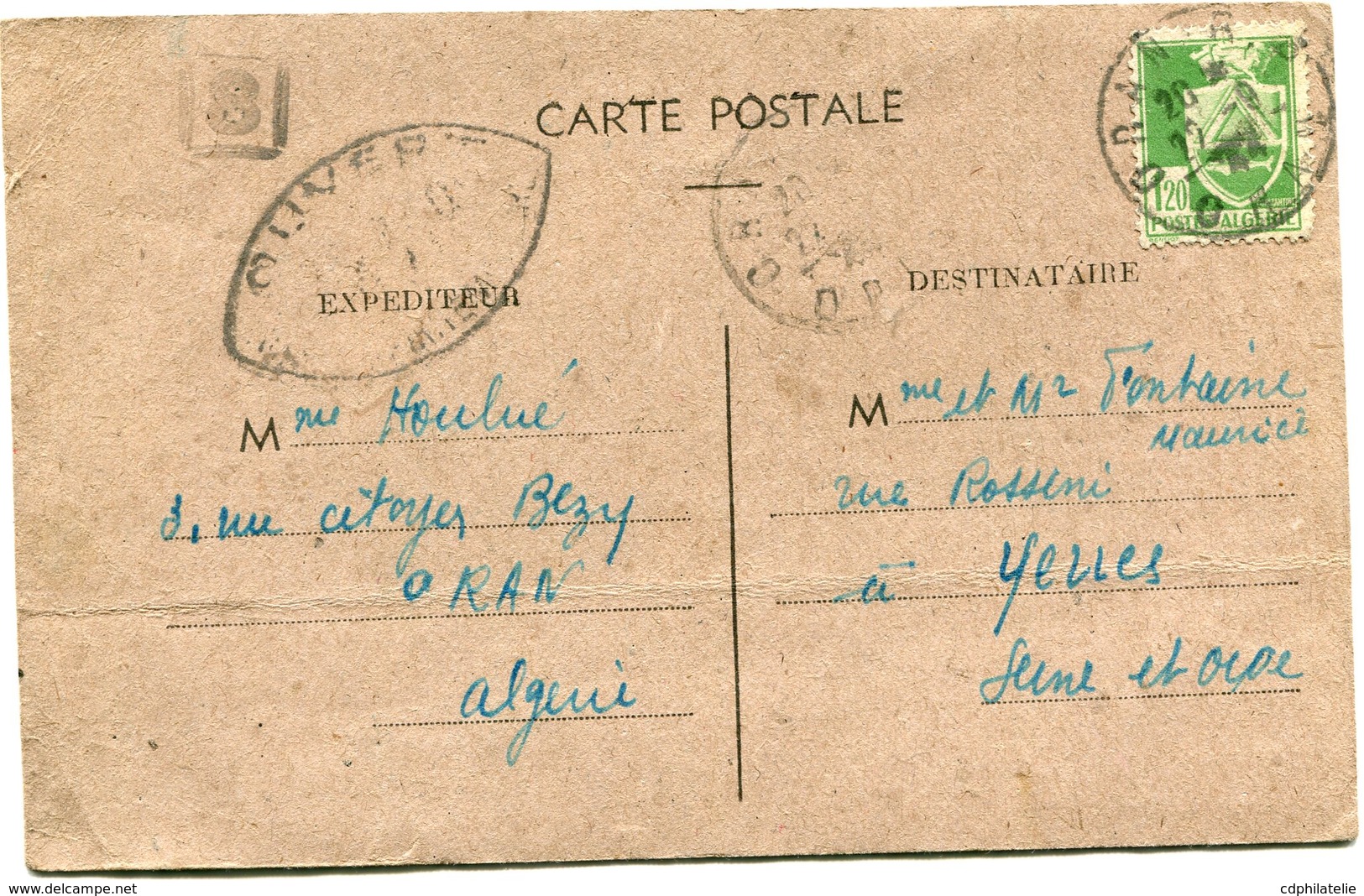 ALGERIE CARTE POSTALE CENSUREE DEPART ORAN R. P.  22-9-44 ORAN POUR LA FRANCE - Lettres & Documents