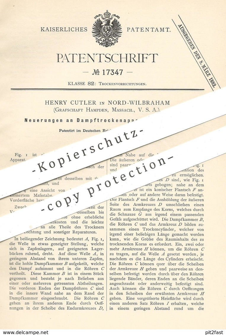 Original Patent - Henry Cutler , Nord Wilbraham , Hampden , Massachusetts , USA , 1881 , Dampftrockenapparat Für Korn - Historische Dokumente