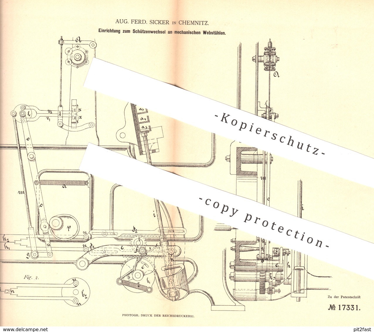 Original Patent - Aug. Ferd. Sicker , Chemnitz , 1881 , Schützenwechsel Am Mechan. Webstuhl | Weben , Weber !!! - Historische Dokumente