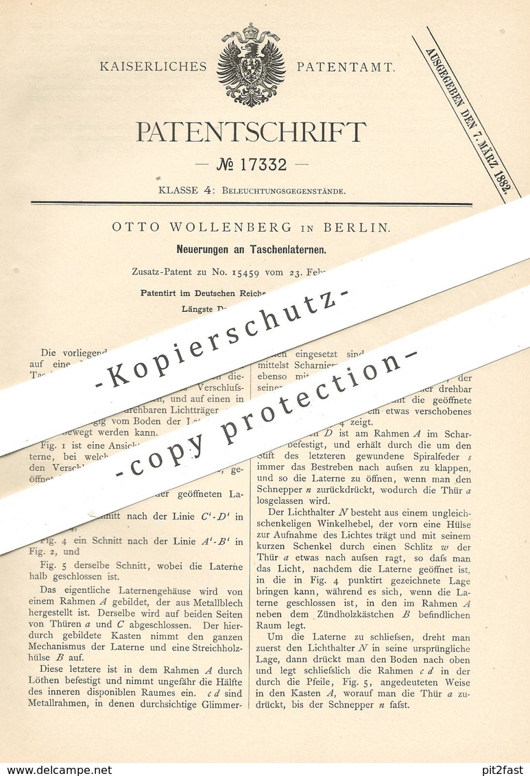 Original Patent - Otto Wollenberg , Berlin , 1881 , Taschenlaterne | Laterne | Lampe , Laternen , Taschenlampe !!! - Historische Dokumente