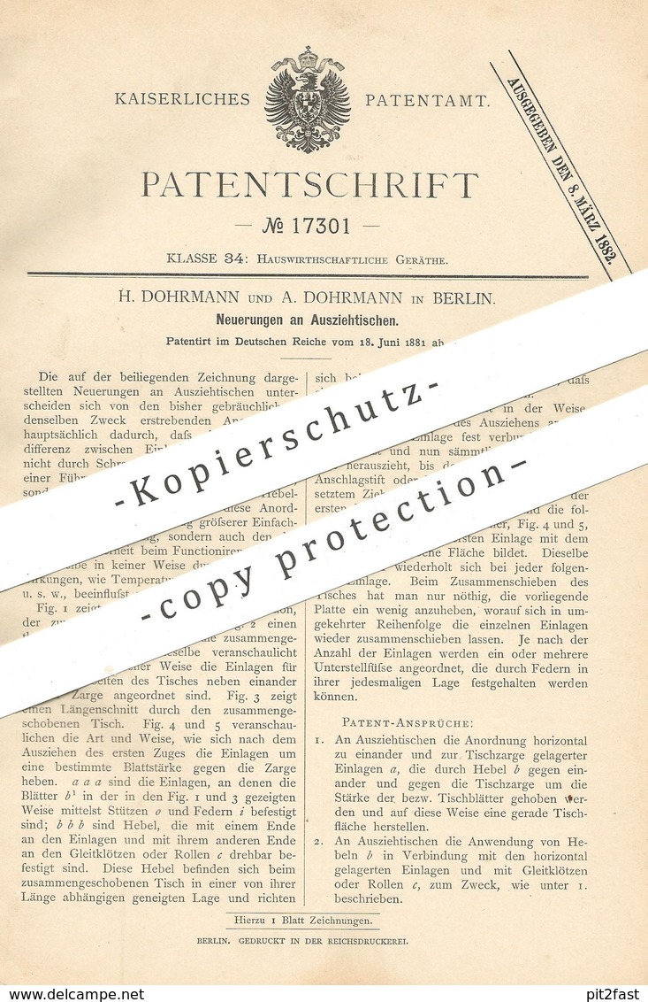 Original Patent - H. & A. Dohrmann , Berlin , 1881 , Ausziehtisch | Tische , Tische , Tischler , Möbel , Holztisch !!! - Historische Dokumente