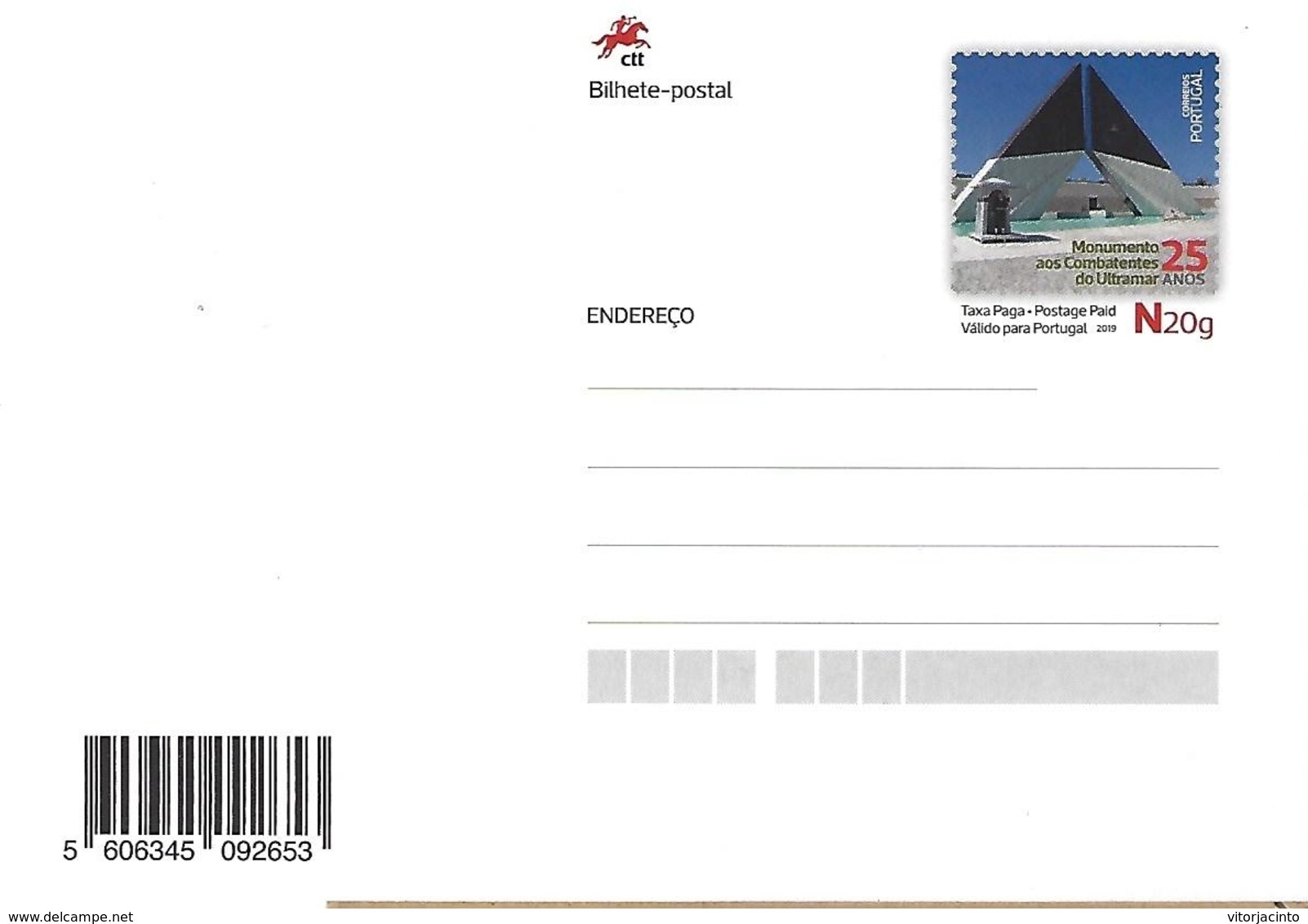 PORTUGAL - Entier Postal - "Postage Paid" - 25 Years Of The Monument To The Overseas Combatants - Entiers Postaux