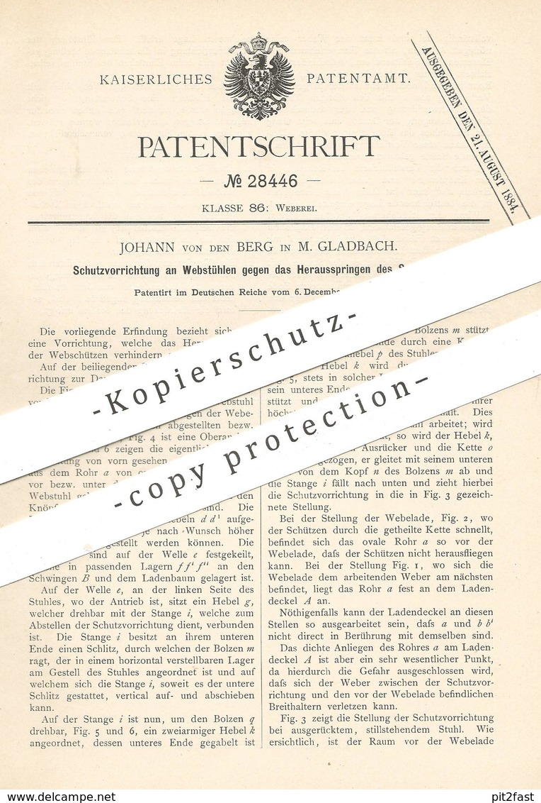 Original Patent - Johann Von Den Berg , Mönchengladbach  1883 , Schutz Am Webstuhl | Webstühle , Weben , Weber , Weberei - Historische Dokumente