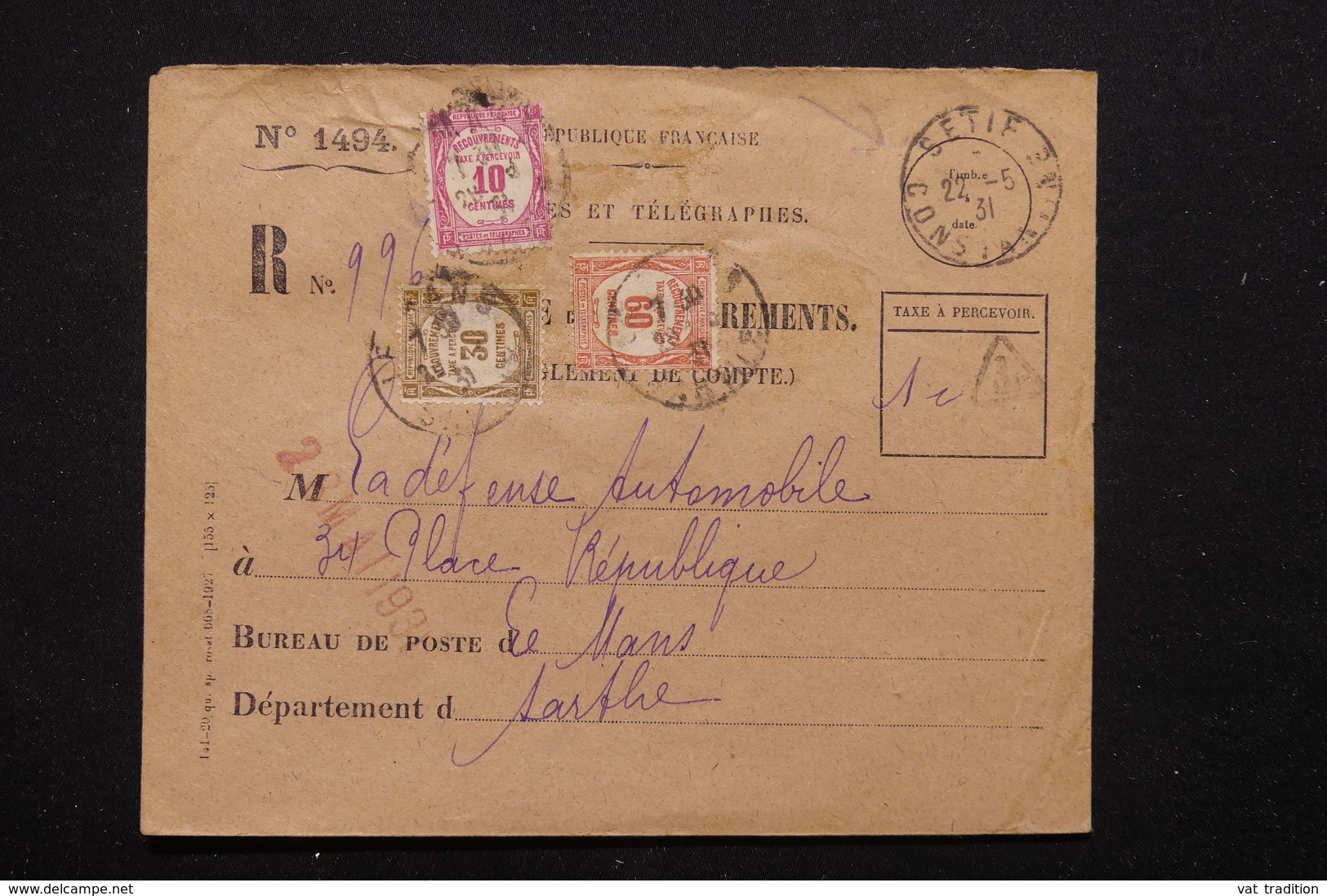 FRANCE - Taxes Du Mans Sur Enveloppe De Recouvrement De Sétif En 1931 - L 22669 - 1859-1959 Lettres & Documents