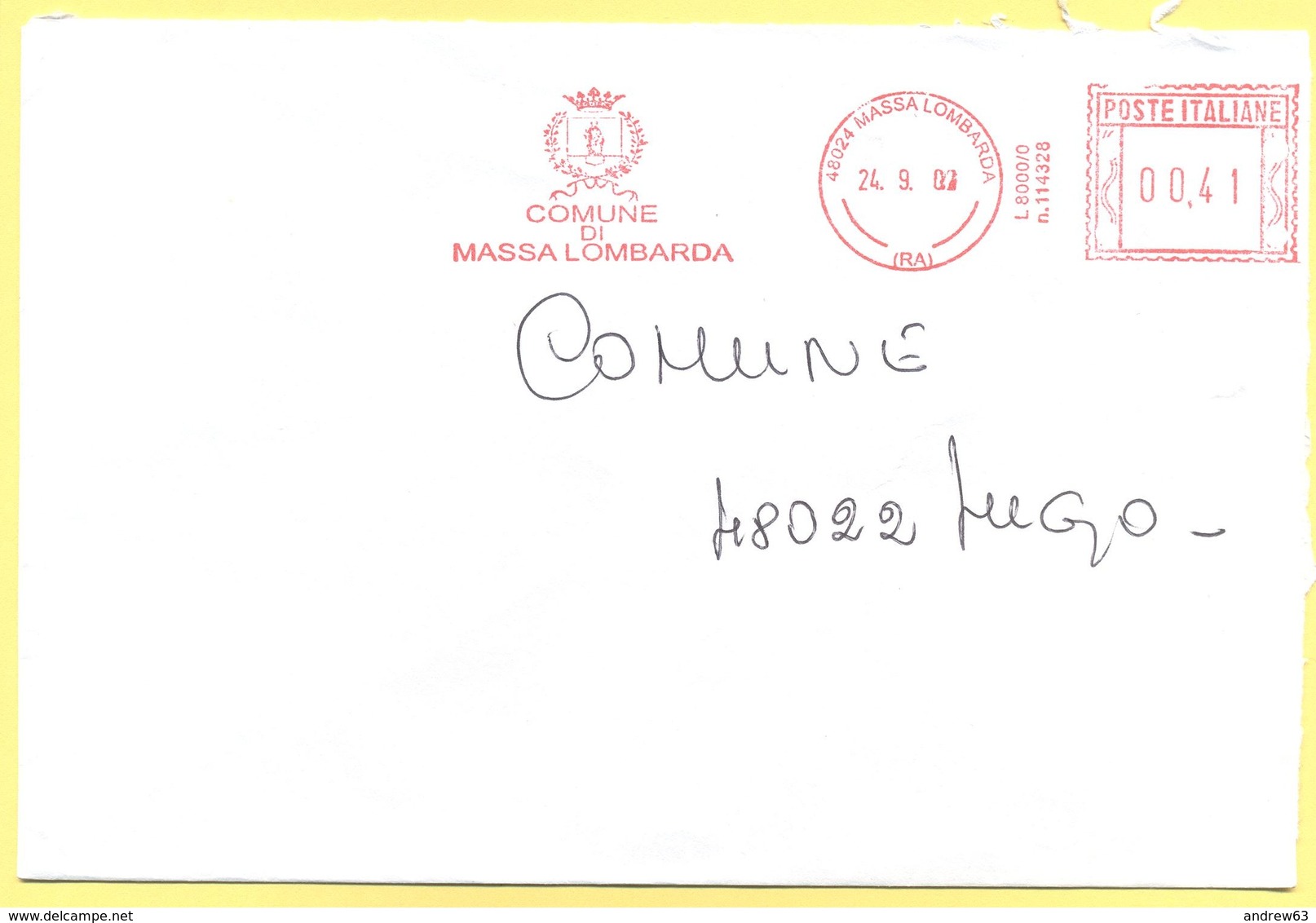 ITALIA - ITALY - ITALIE - 2002 - 00,41 EMA, Red Cancel - Comune Di Massa Lombarda - Viaggiata Da Massa Lombarda Per Lugo - Macchine Per Obliterare (EMA)